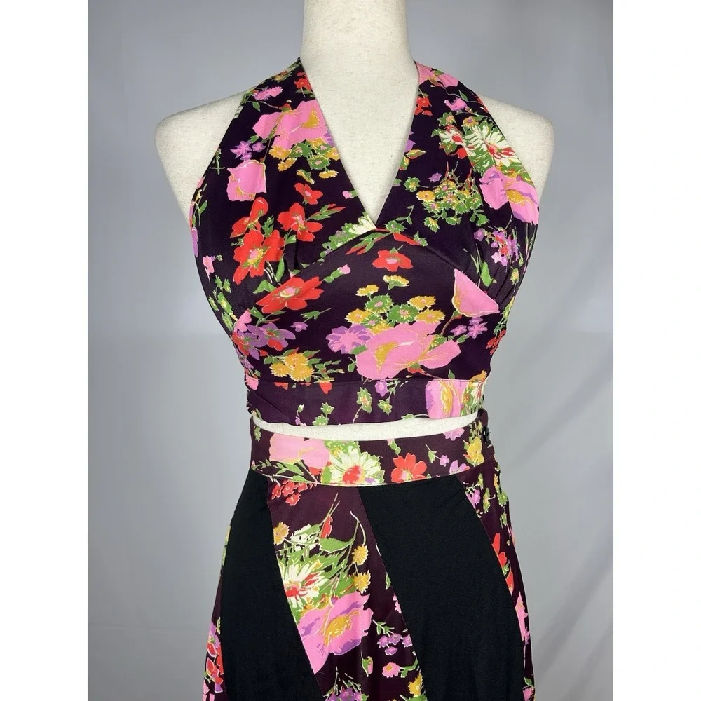 Vintage 70s Pinwheel Floral Two Piece Halter Top Maxi Skirt Set XS/S‎ Mod GoGo